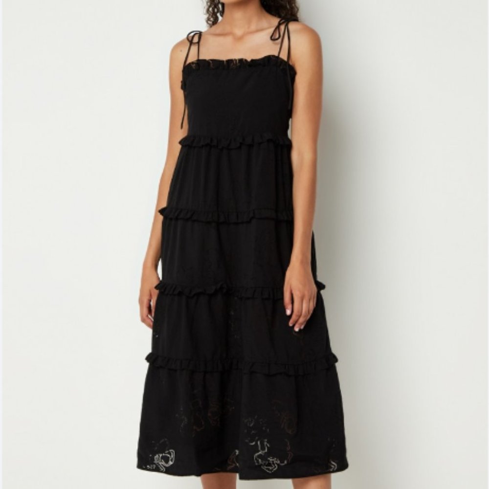 TED BAKER HANSI MAGNOLIA BURN OUT STRAPPY TIERED MIDI BLACK DRESS 1/ 4 US